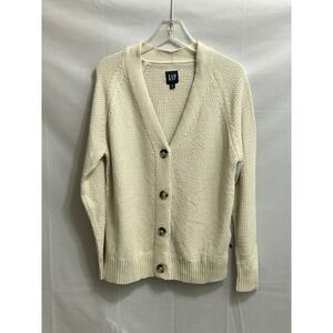 NWT Gap Womens Med Cream Cotton Shaker Stitch V-Neck Button Up Cardigan Sweater